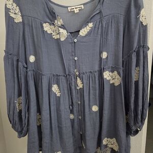 Hope Spring Blue/Gray Blouse with White BEADED Embroidery